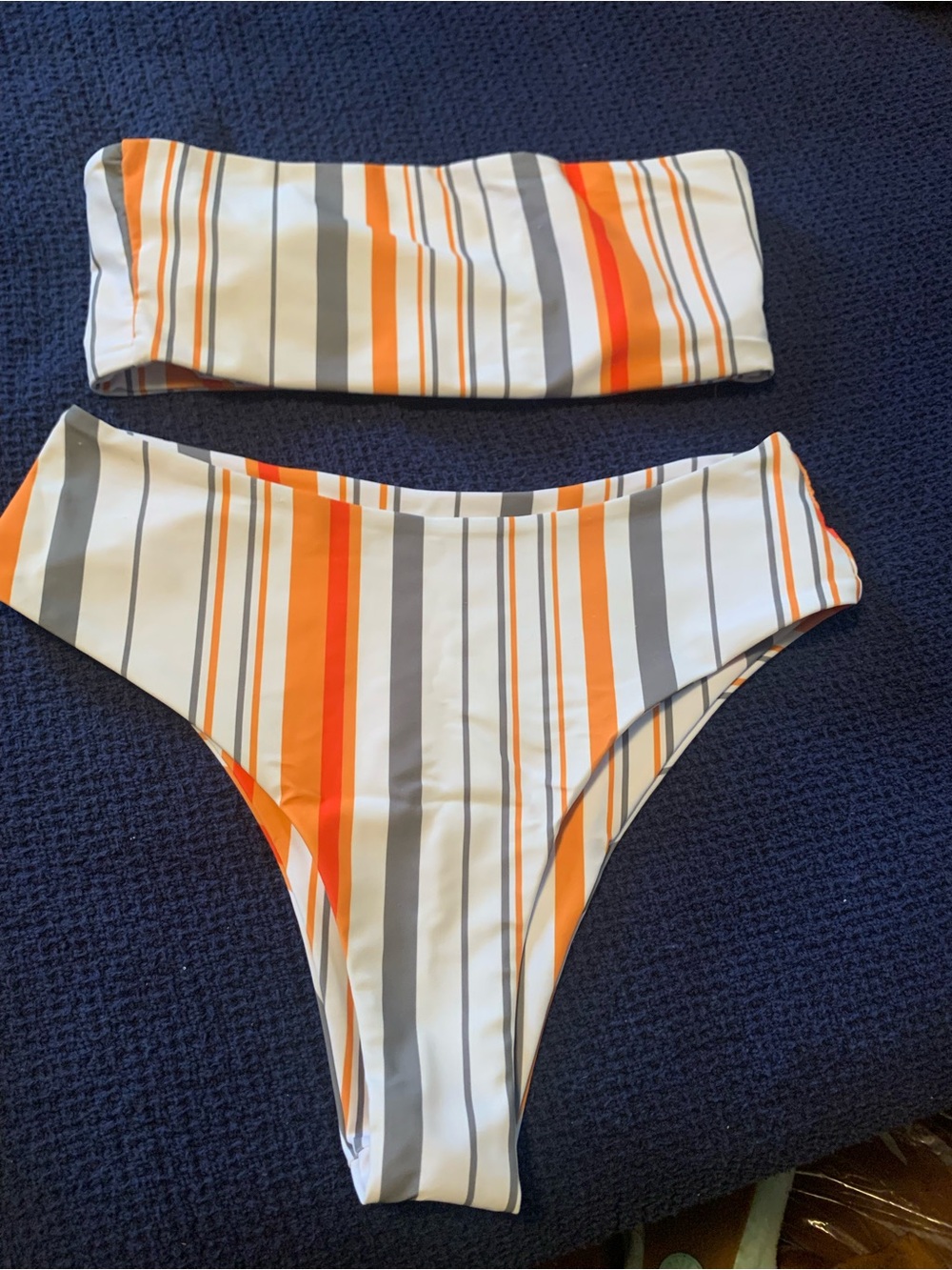 Striped Bandeau Bikini Set in Orange, Gray & White BNWOT